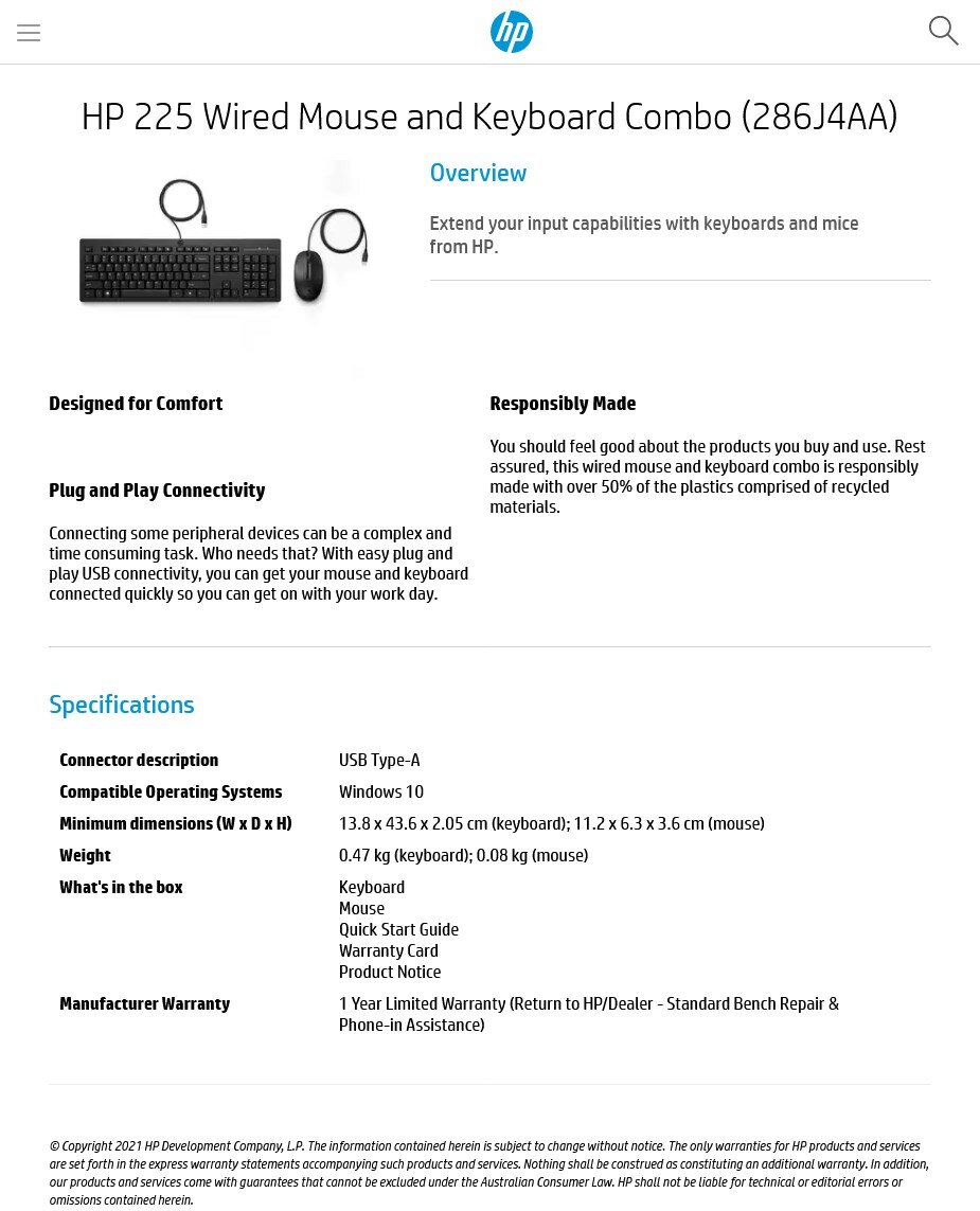 HP Keyboard And Mouse 286J4AA 225 - USB Cable@