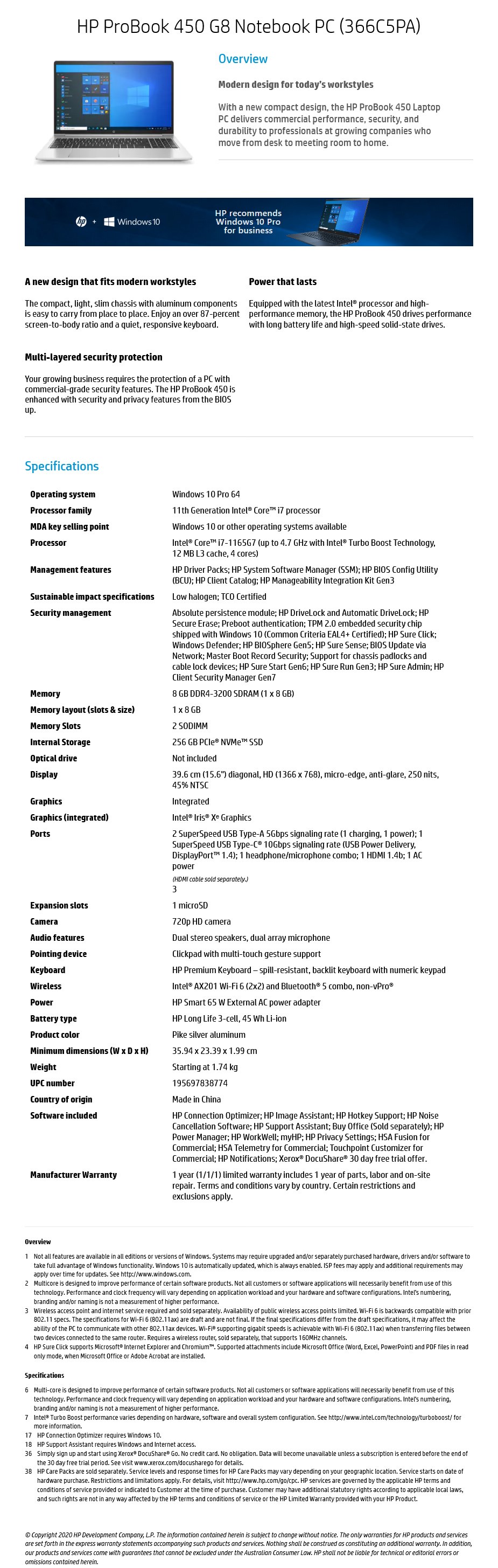 HP i7 notebook 450 G8 366C5PA 15.6 256G 8G W10 Pro@