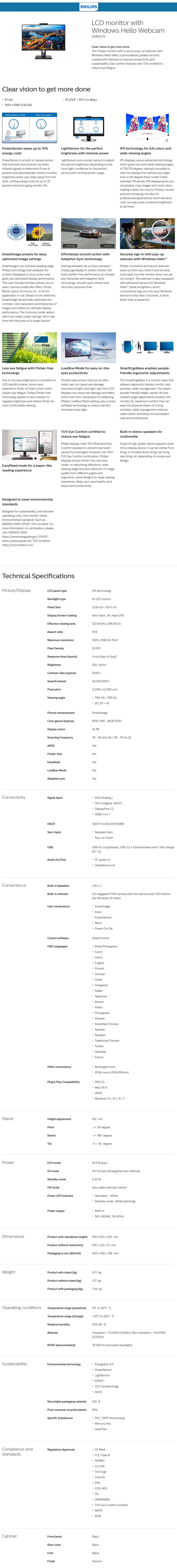 Philips IPS Webcam Monitor DP Hdmi Speaker 23.8 242B1H @