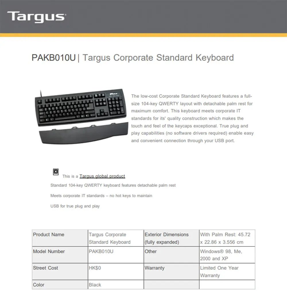 Targus USB keyboard PAKB010U with detachable palm rest@